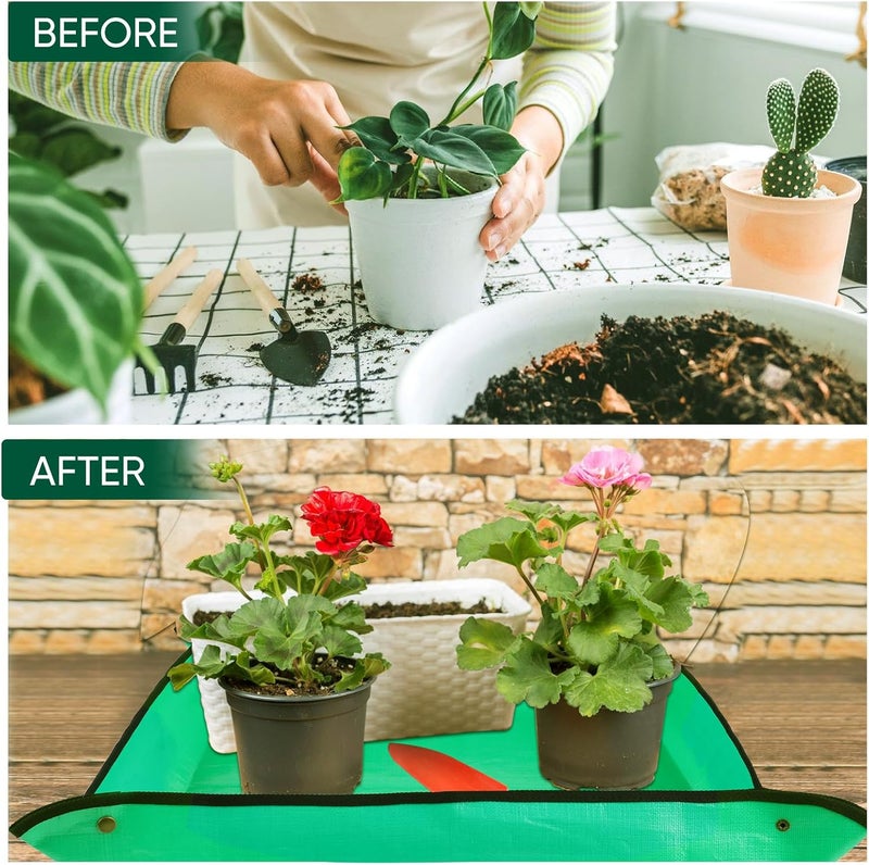 HKZ حصيرة إعادة الزراعة للنباتات الداخلية - 43.5'' × 29.5'' للتحكم في فوضى التربة، صينية زراعة محمولة للنباتات العصارية أدوات بونساي مقاومة للماء حصيرة نقل (أخضر فاتح) - Image 3